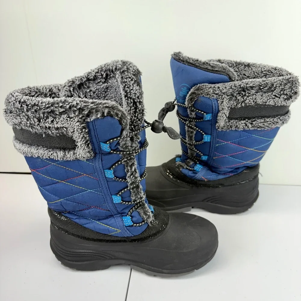 Kamik Snow Boots Kids Size 3 Blue Waterproof Faux Fur Rainbow Stitching